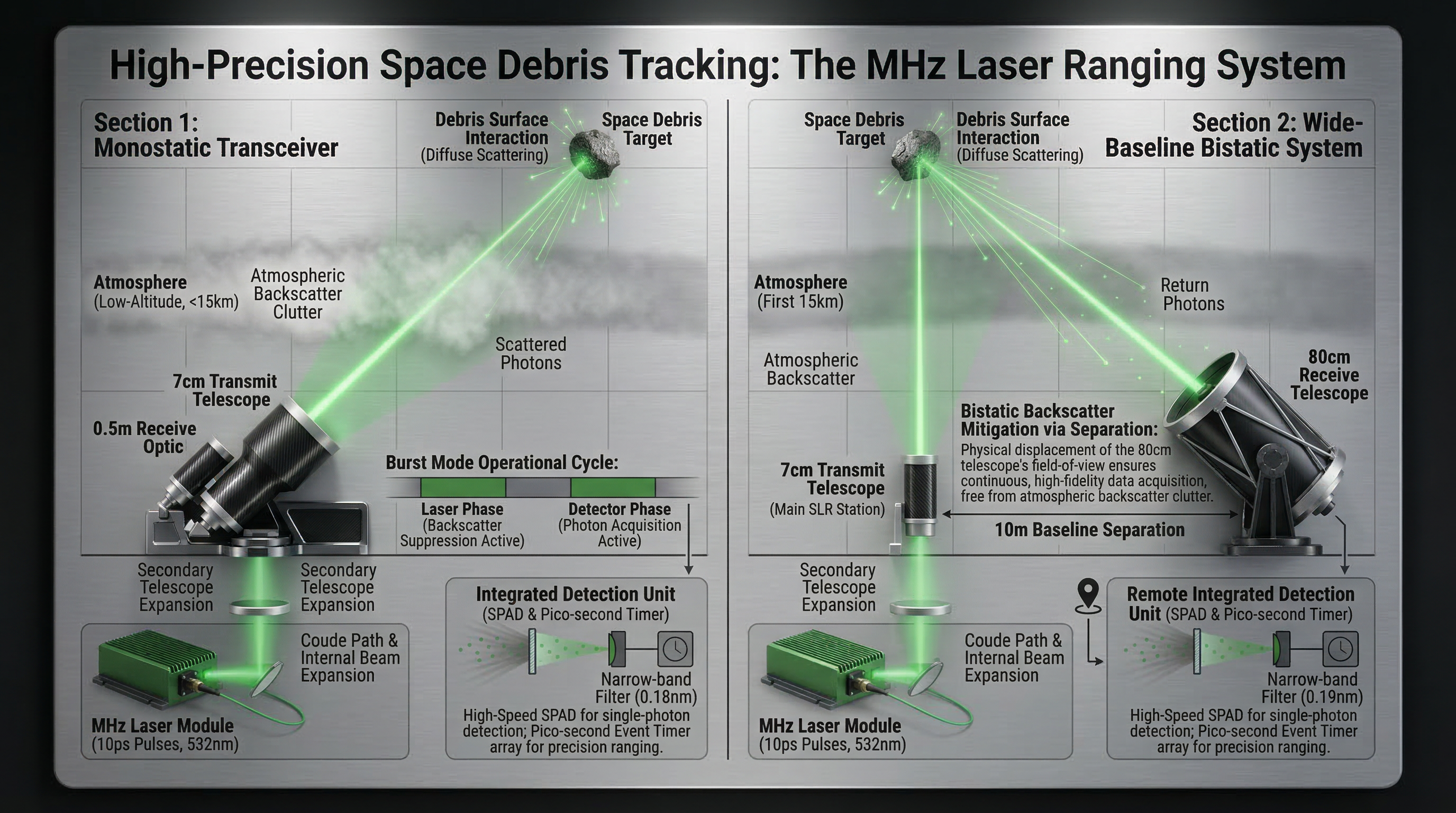 High-precision space debris tracking with MHz laser ranging — monostatic and bistatic configurations