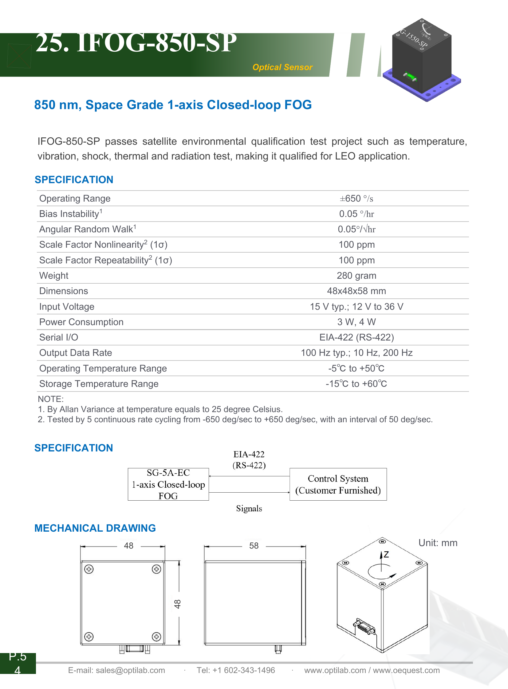 IFOG-850-SP Fiber Optic Gyroscope Datasheet