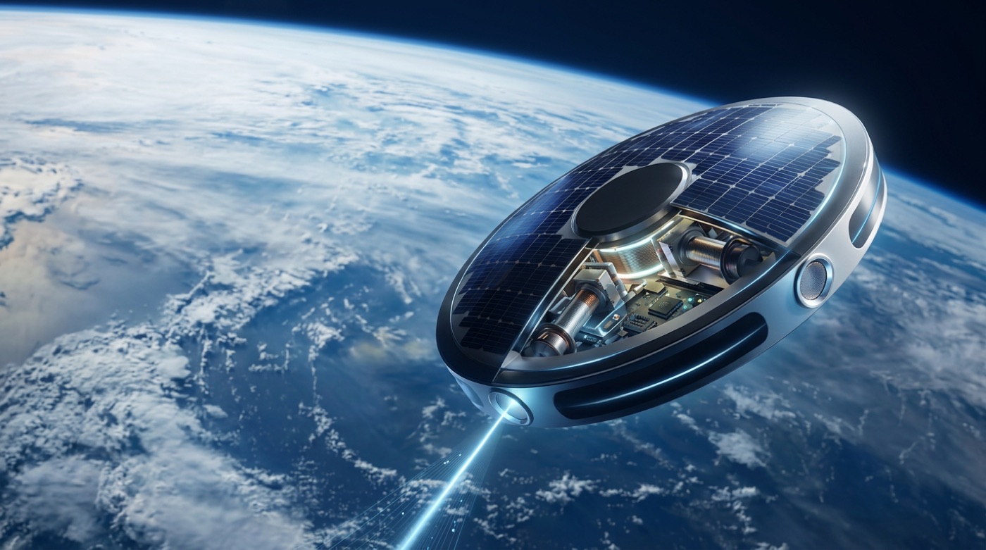 SatLight DISK satellite in orbit with optical crosslinks