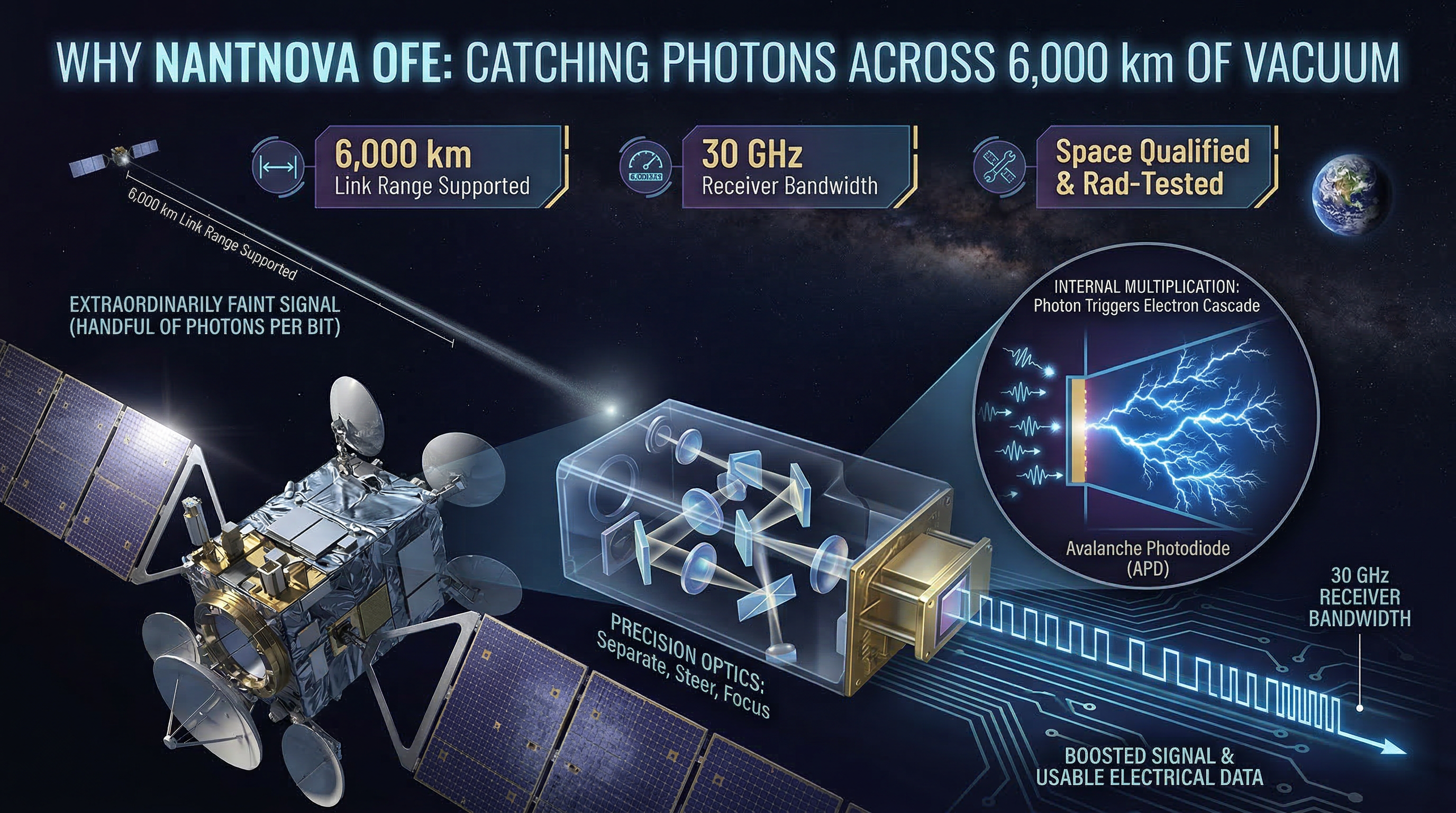NantNova OFE — precision optics, avalanche photodiode, 30 GHz receiver bandwidth, space qualified
