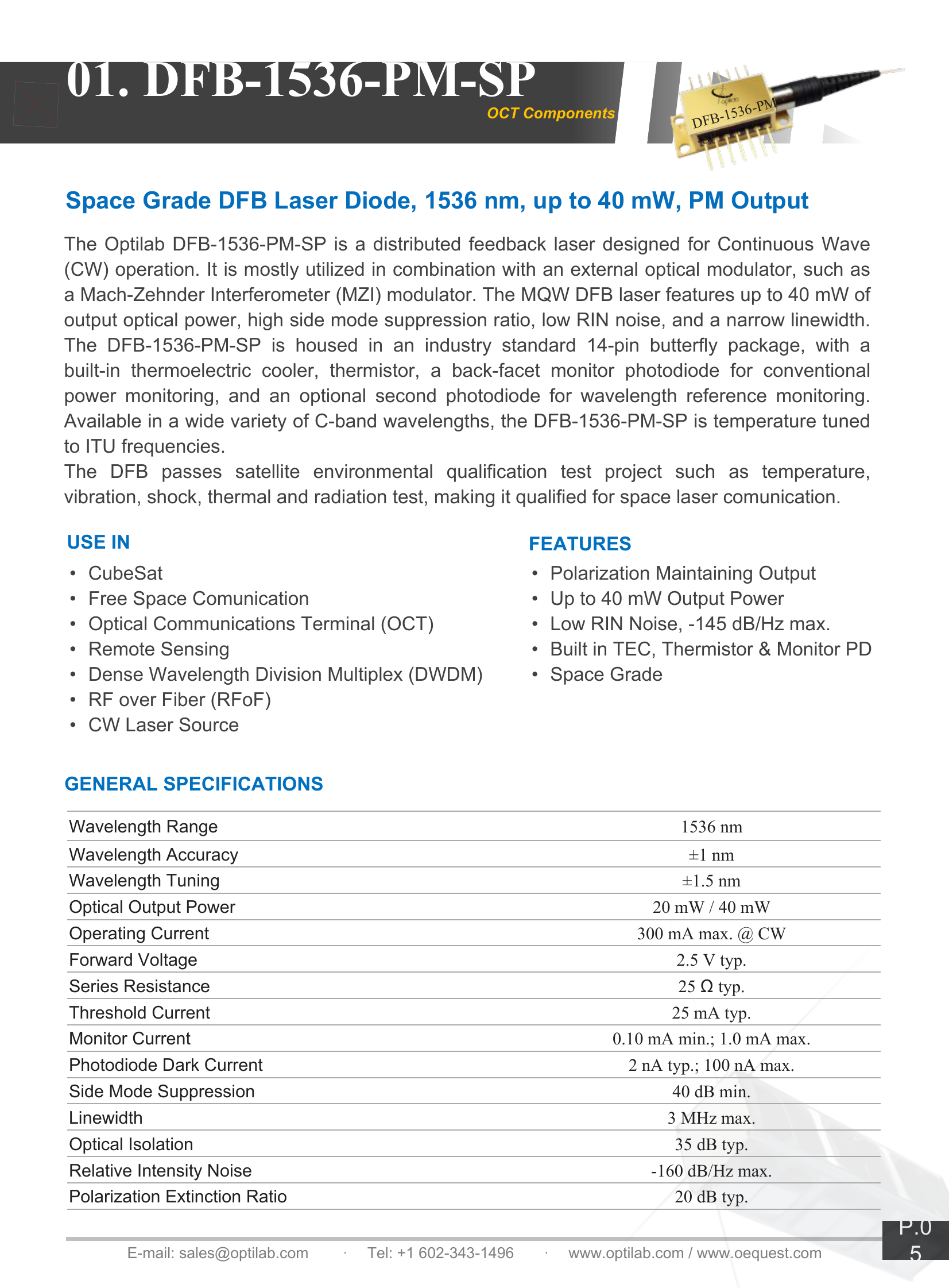 DFB-1536-PM-SP Space-Qualified DFB Laser