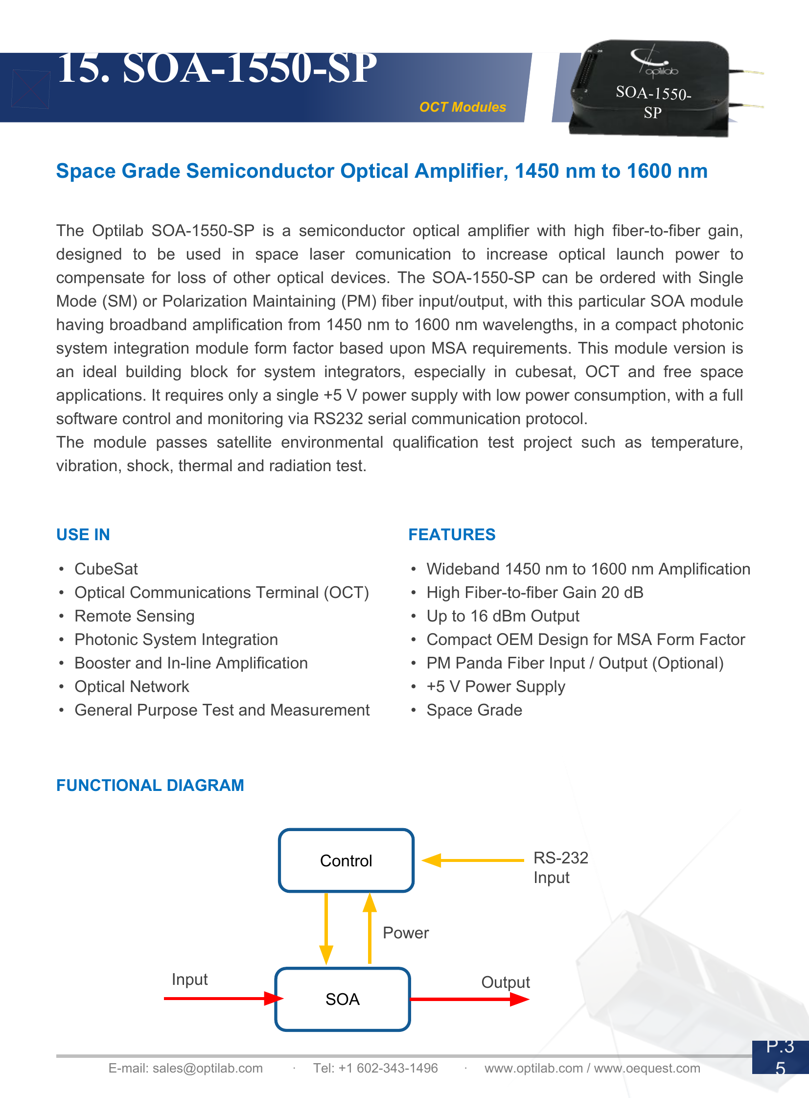 SOA-1550-SP Semiconductor Optical Amplifier